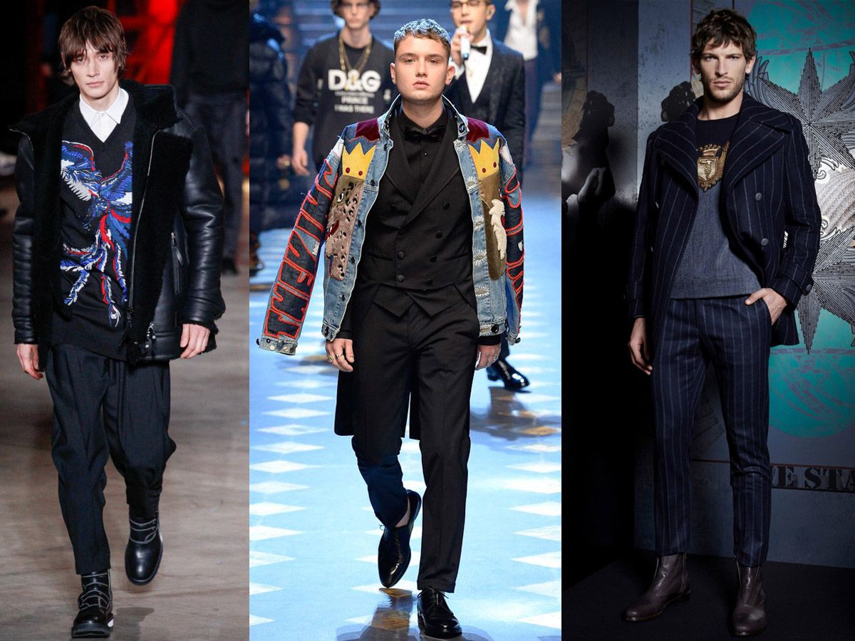 Рисунки и аппликации в мужской одежде. Слева направо: Diesel Black Gold, Dolce Gabbana, Trussardi.